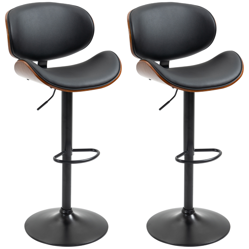 HOMCOM 2er-Set Barhocker, Höhenverstellbarer Küchenhocker, Tresenstuhl aus Kunstleder, Drehstuhl mit Fußstützen, Barstuhl für Küche, Esszimmer, Schwarz, Stahl, 53 x 52 x 92-112 cm Aosom – Bild 1 von 2