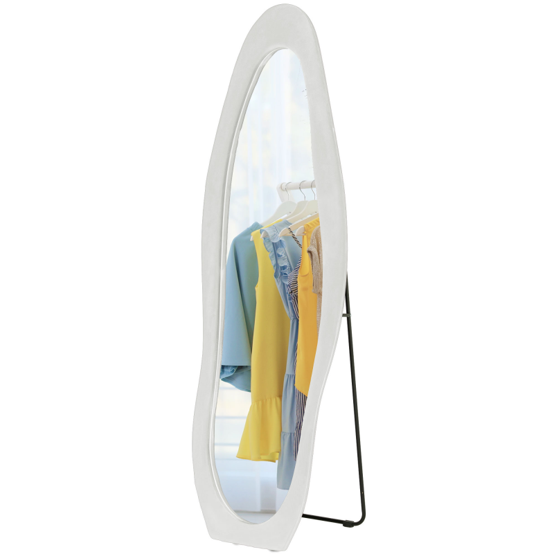 HOMCOM Ganzkörperspiegel 50 x 160 cm Standspiegel mit samtartiger Rahmenbezug, unregelmäßiger gewellter Wandspiegel für Schlafzimmer, Wohnzimmer, Weiß Aosom – Bild 1 von 2