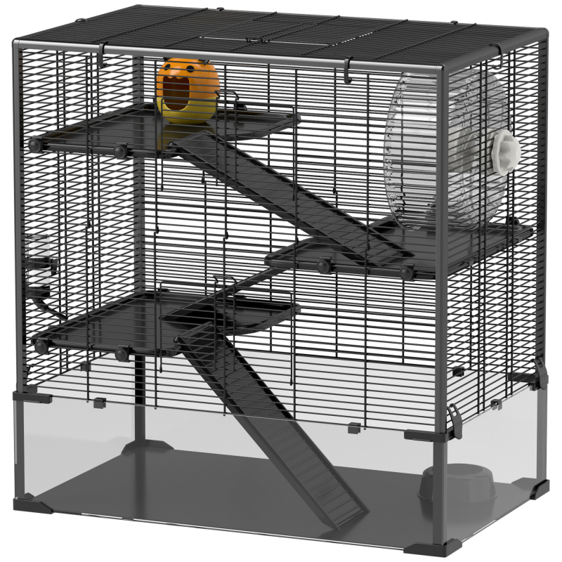 PawHut Hamsterkäfig für Zwerghamster, 4-stufiges Nagerkäfig mit Glasboden, Hütte, Laufrad, Rampen, Futterschale, Kleintierkäfig Zwerghamsterkäfig 78,5 x 48,5 x 80 cm Schwarz Aosom – Bild 1 von 2