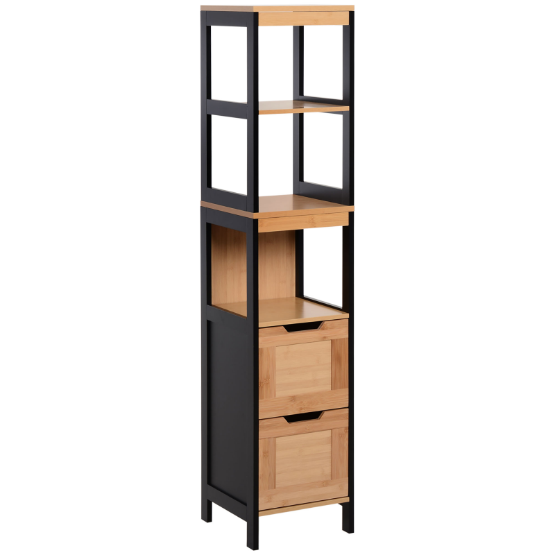 kleankin Badezimmerregal, Badeschrank, Küchenschrank, 2 Schubladen, 3 Ablagen, Bambus MDF, 30 x 30 x 144,3 cm Aosom – Bild 1 von 2