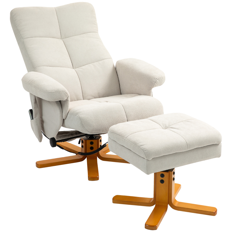 HOMCOM Relaxsessel Massagesessel mit Hocker und Stauraum Fernsehsessel mit Liegefunktion 360° drehbar mit Seitentasche Kunstleder 80 x 86 x 99cm Cremeweiß Aosom – Bild 1 von 2