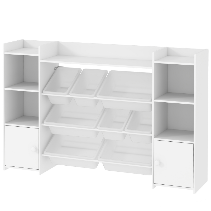 AIYAPLAY Kinderregal Spielzeugregal mit 8 herausnehmbaren Boxen, 4 offenen Fächern, 2 Schränkfach, Kinder Bücherregal für Kinderzimmer, Kindergarten, 140 x 30 x 90 cm, Weiß Aosom – Bild 1 von 2
