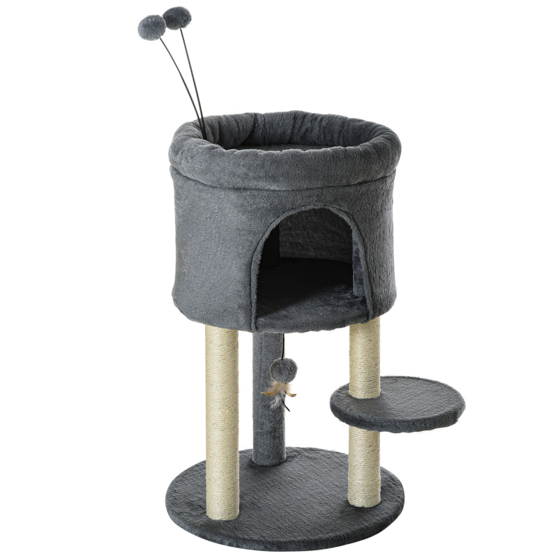 PawHut Kratzbaum groß mit Katzenhöhle und Spielball 3 Stufen Sisalsäule 73,5 cm hoch in Natur und Grau für aktive Katzen Aosom.de – Bild 1 von 2