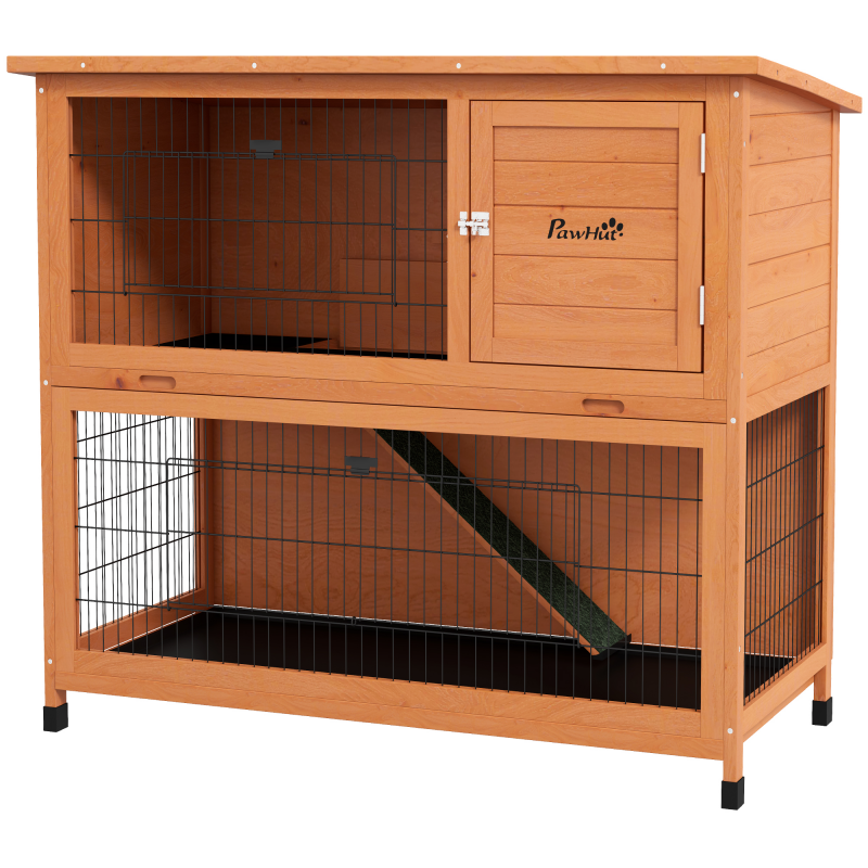 PawHut Kaninchenstall aus Holz 2-stöckig Kleintierstall mit Paletten und Rampe, Außengehege, Asphaltdach für 2 Kaninchen Orange Aosom.de – Bild 1 von 2