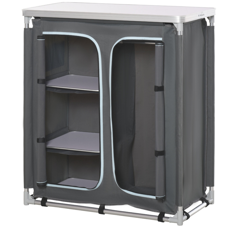 Outsunny Campingschrank Küchenbox tragbar mit Arbeitsplatte und Tragetasche, 3 Ablagen und 1 Schrank, 600D Oxford Stoff Grau 96 x 49,5 x 104 cm Aosom.de – Bild 1 von 2