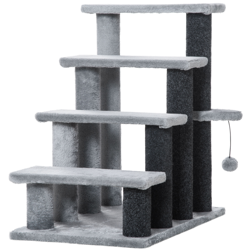 PawHut Katzentreppe 64H cm für alte Katzen, 4 Stufen mit Spielball und Plattform aus Jute und Plüsch in Grau Aosom.de – Bild 1 von 2