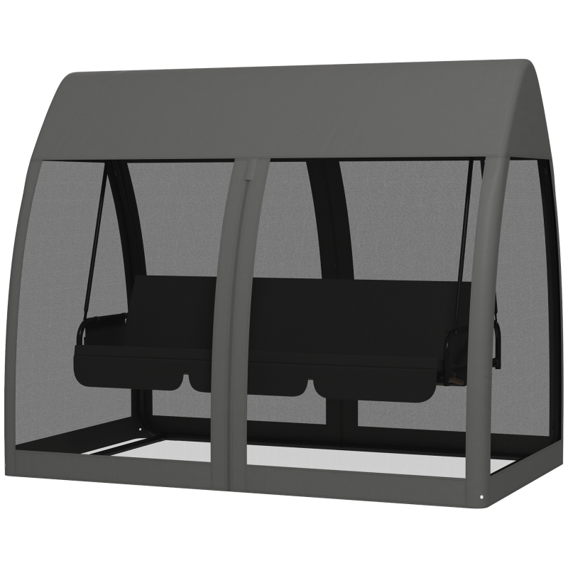 Outsuuny 2 in 1 Hollywoodschaukel mit Liegefunktion 3-Sitzer Gartenschaukel mit Baldachin, Mückennetz, Schaukelbank belast bis 300kg, Gartenliege für Garten, Terrasse, 240 x 140 x 197 cm, Grau Aosom – Bild 1 von 2