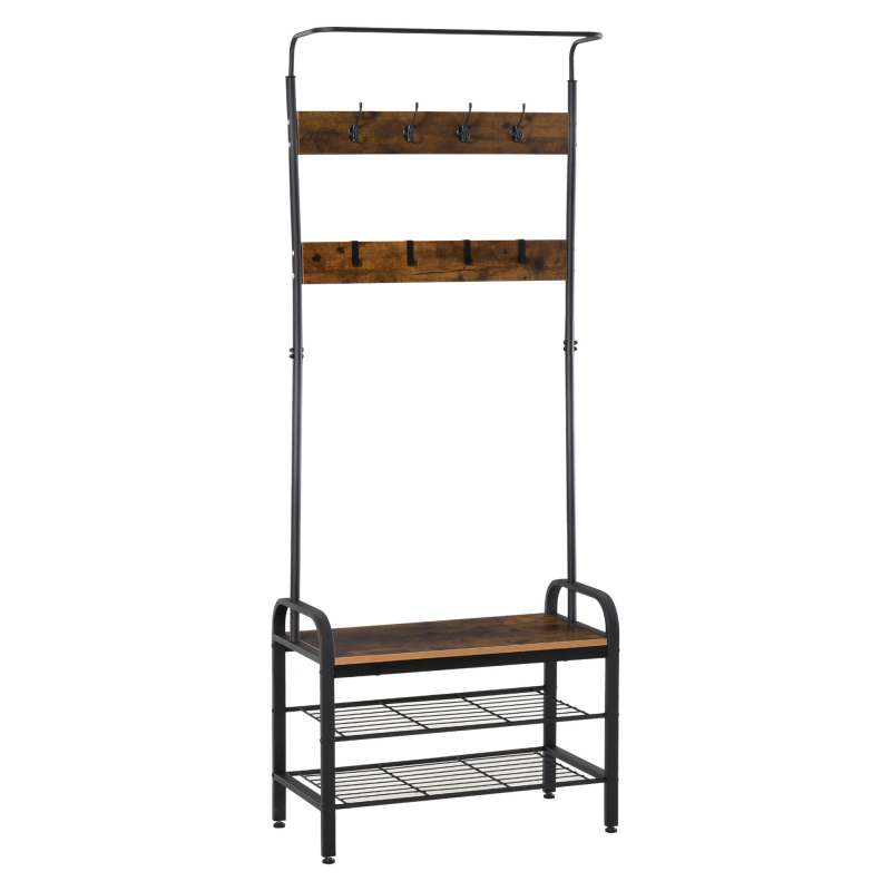 HOMCOM Garderobenständer mit Schuhregal Kleiderständer 8 Haken 2 Ablagen MDF Schwarz 72 x 34 x 185 cm für Flur & Diele Aosom.de – Bild 1 von 2