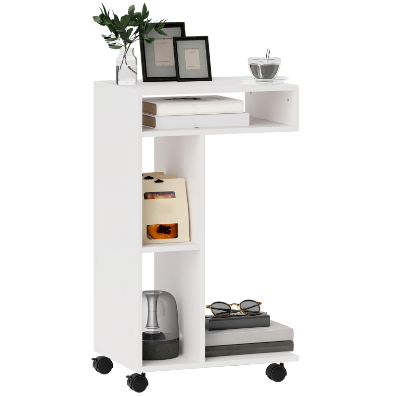 HOMCOM Beistelltisch Couchtisch mit Rollen, Schreibtisch mit 4 Regalen, Sofatisch Laptoptisch, Betttisch, für Esszimmer Wohnzimmer, Weiß Aosom – Bild 1 von 2