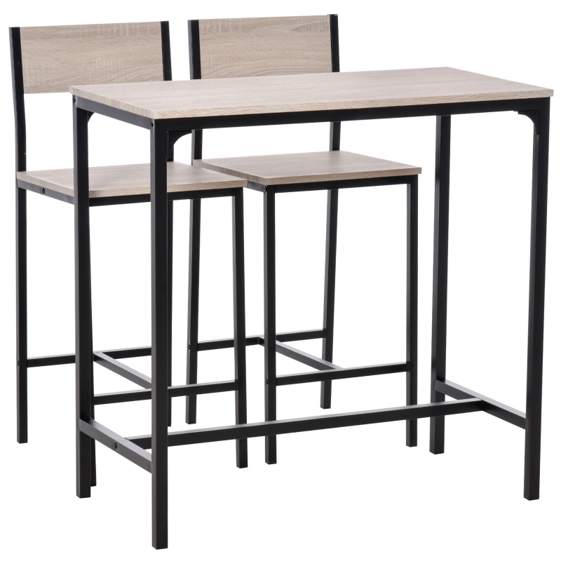 HOMCOM Bartisch mit 2 Stühlen 3-teiliges Tischset Barstuhl MDF in Natur und Schwarz 89x45x87cm für Küche und Essbereich Aosom.de – Bild 1 von 2