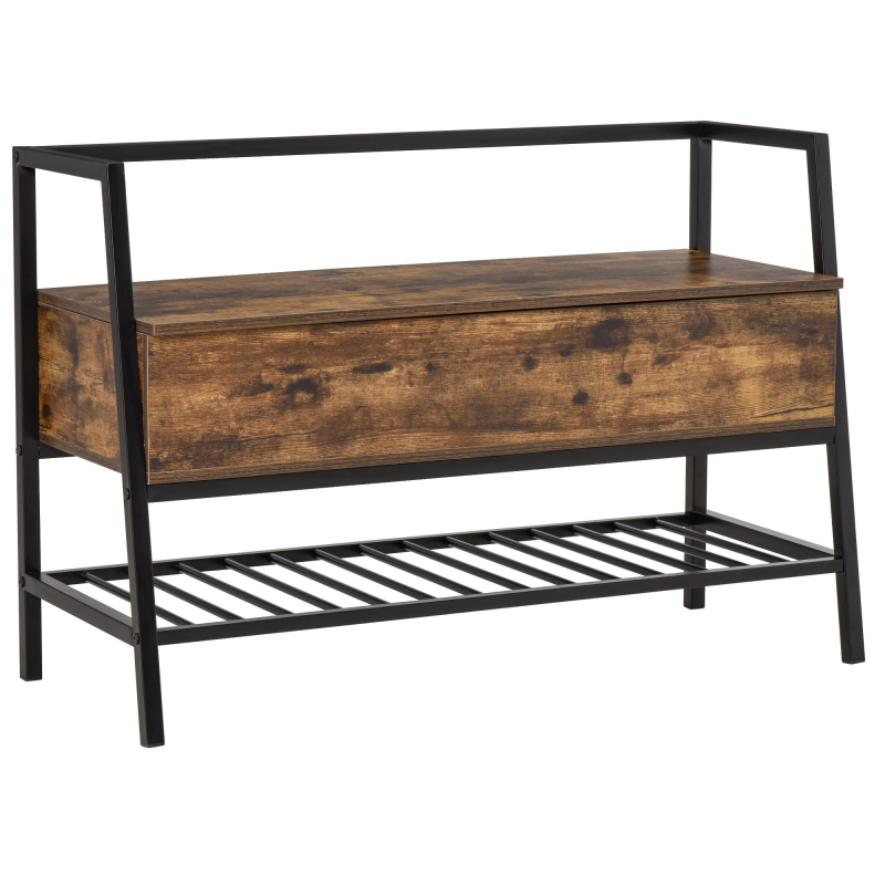 HOMCOM Schuhbank Sitzbank Sitztruhe 2 Ablagen Eingangsbereich Rustikales Braun+Schwarz 90x37x60cm Aosom – Bild 1 von 2