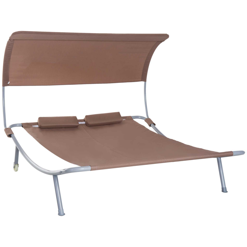 Outsunny Doppelliege Sonnenliege mit Dach rollbar Stahl Braun Aosom – Bild 1 von 2