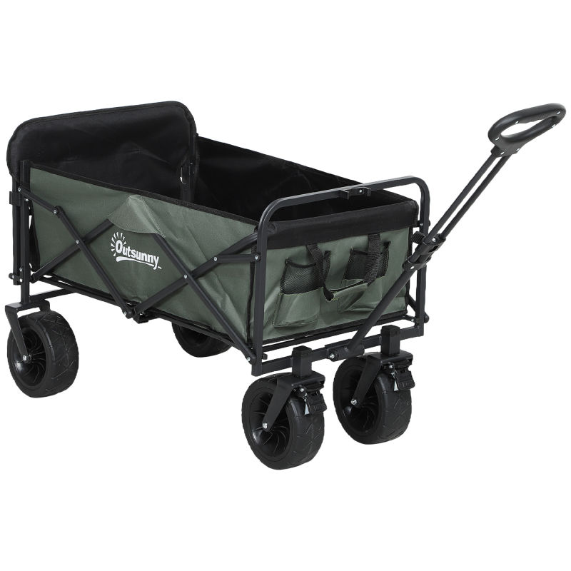Outsunny Gartenwagen 120 kg belastbar, klappbar Transportwagen mit herausnehmbare Plane, Griff, Rädern, Lenkachse, Bollerwagen Handwagen Gartenkarre 95 Liter Gerätewagen für Haus Garten, Grün Aosom – Bild 1 von 2