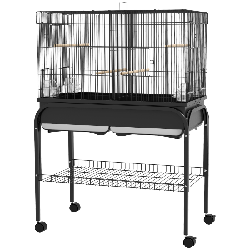 PawHut Großer Vogelkäfig, Papageienkäfig, Vogelvoliere für innen und außen, mit Ständer, Rollen für Kakadus Wellensittiche Kanarienvögel Papageien, Stahl, 85 x 49 x 119 cm, schwarz Aosom – Bild 1 von 2