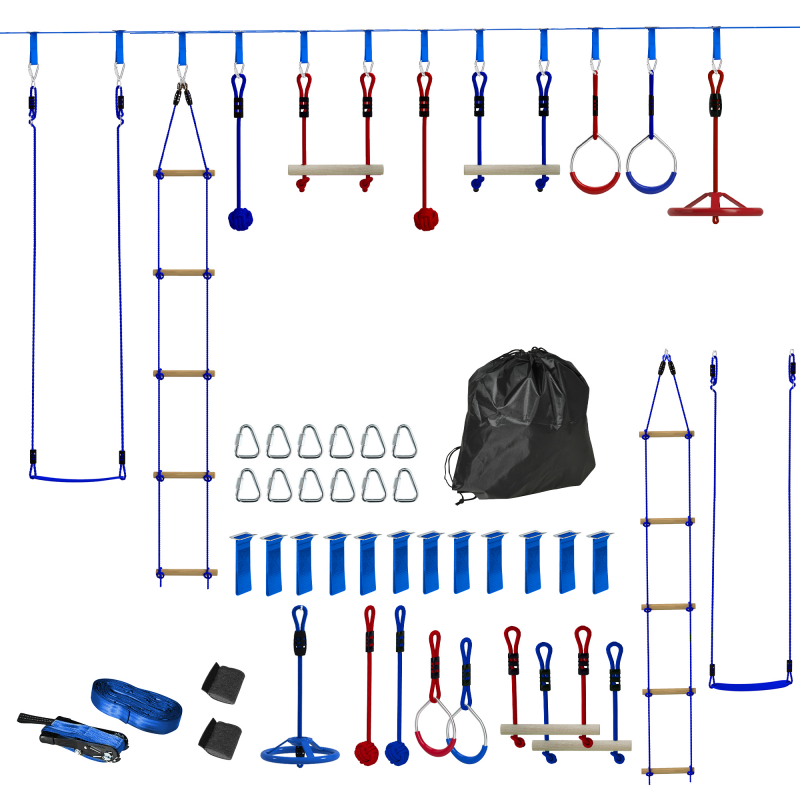 AIYAPLAY Ninja Warrior Hindernisparcours für Kinder 10 m Ninja Slackline Kit mit Kletterleiter Zubehör, Turnringe, Hängetablett, Schaukel, Kletterstangen, Trainingsausrüstungsset für Kinder Aosom – Bild 1 von 2