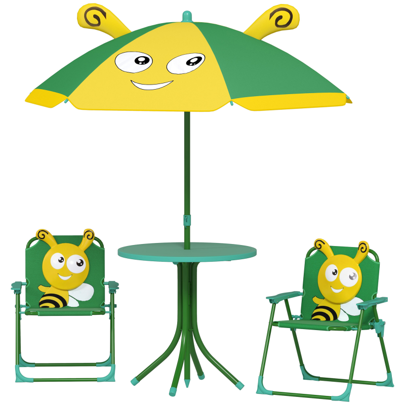 AIYAPLAY 4er Set Kindersitzgruppe Garten Kindersitzgarnitur mit 2 Klappstühle, höhenverstellbarem Sonnenschirm, Gartentisch, Bienen-Muster für 2-5 Jahre Kinder, Grün Aosom – Bild 1 von 2
