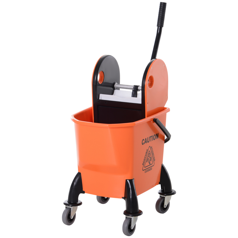 HOMCOM Putzwagen Reinigungswagen mit Wringer 26 Liter Putzeimer Fahreimer Wischwagen, Haken für Mopp Haushaltswagen mit 4 Rollen Orange Aosom – Bild 1 von 2