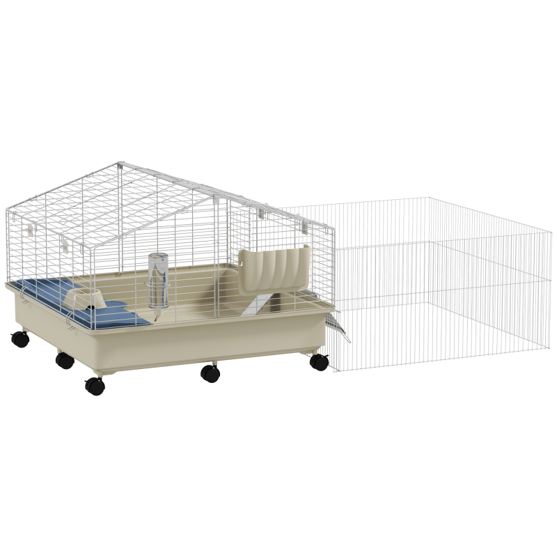 PawHut Kleintierkäfig mit Laufstall, Kaninchenkäfig, Kleintierstall mit Wasserflasche, Heufütterung, Futterschale, Rampe Nagerkäfig mit Rollen für Meerschweinchen und Igel Weiß Aosom – Bild 1 von 2