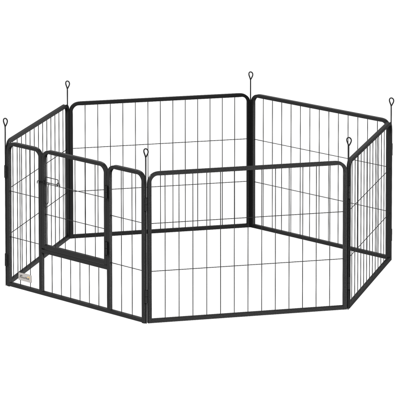 PawHut Welpenauslauf 60 cm Hoch, 6-TLG. Hundelaufstall DIY Welpenlaufstall mit Tür, Freilaufgehege für kleine Hunde, Stahl, Schwarz Aosom – Bild 1 von 2