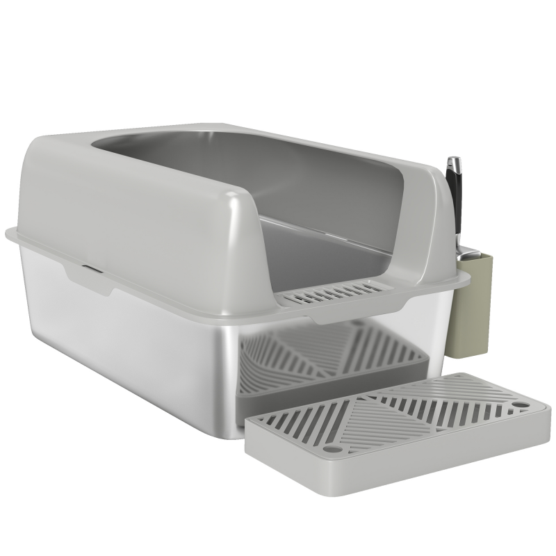 PawHut Katzentoilette mit Deckel, Katzenklo mit Schaufel, Wanne aus Edelstahl Katze Toilettenhaus mit Aufbewahrungsbox für Katze unter 4,5 kg, Indoor, Hellgrau Aosom – Bild 1 von 2