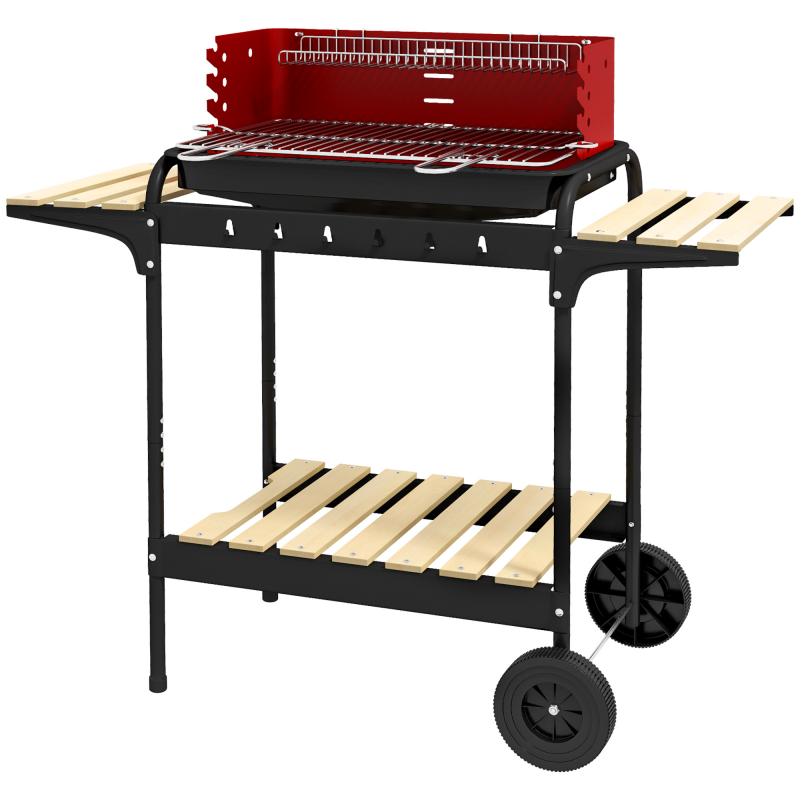 Outsunny Holzkohlegrill aus Metall BBQ Smoker mit Räder, höheverstellbar Grillrost, Holzablage, fahrbar Grillwagen Holzkohle Grill, Kohlegrill für Barbeque Camping, Terrasse, 103x47x95 cm Aosom – Bild 1 von 2
