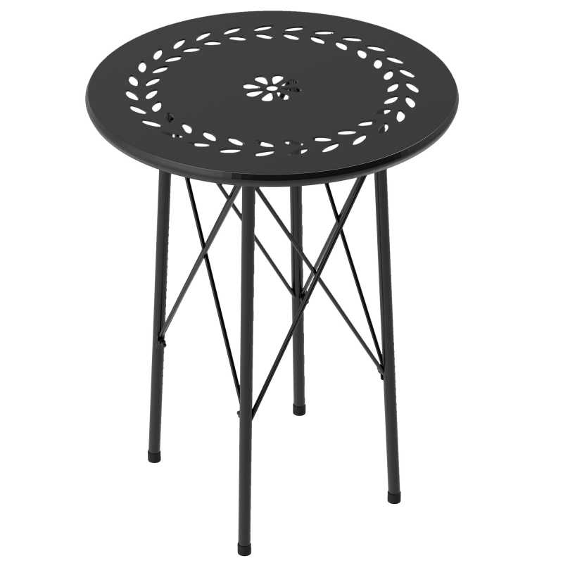 Outsunny Gartentisch Ø40 x 50cm, Wetterfest Balkontisch aus Stahl, Beistelltisch mit Blumendesign Schutzfüße, Rund Esstisch Outdoor, Campingtisch Terrassentisch für Garten Terrasse Balkon Schwarz Aosom – Bild 1 von 2