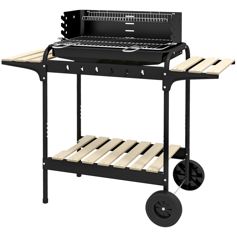 Outsunny Holzkohlegrill aus Metall BBQ Smoker mit Räder, höheverstellbar Grillrost, Holzablage, fahrbar Grillwagen Holzkohle Grill, Kohlegrill für Barbeque Camping, Terrasse, 103x47x95 cm Aosom – Bild 1 von 2