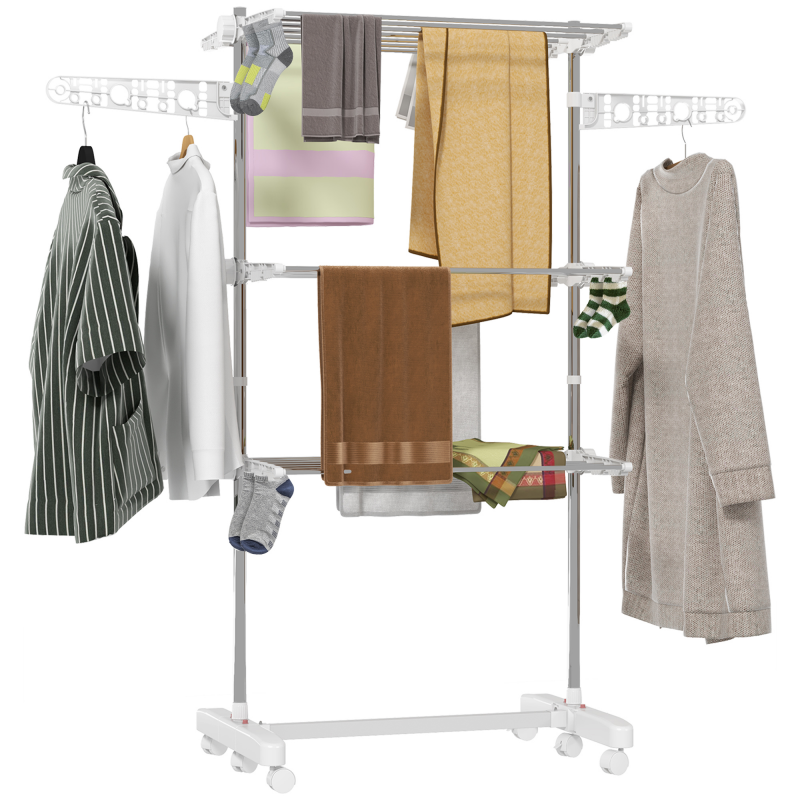 HOMCOM Mobiler Wäscheständer Wäschetrockner klappbar 3 Ebenen mit Rollen 80-142 x 55 x 152 cm, ideal für platzsparendes Trocknen Aosom.de – Bild 1 von 2