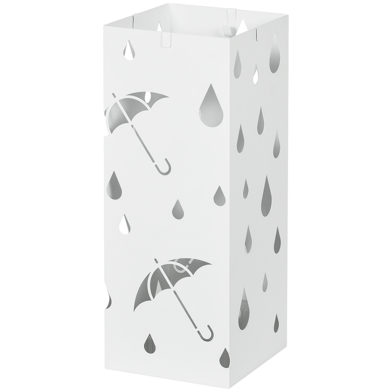 HOMCOM Regenschirmständer Schirmständer mit 4 Haken, Wasserauffangschale Regenschirmhalter für Flur, Regenschirme & Gehstöcke Stahl 15,5 x 15,5 x 40 cm Weiß Aosom – Bild 1 von 2