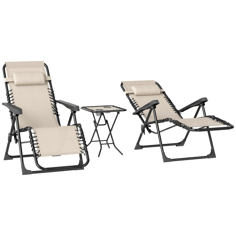 Outsunny Gartenliege Set 3-TLG. Klappbar Sonnenliege mit Teetisch 2 Stühle Kopfkissen, Outdoor Liege wetterfest Relaxliege Liegestuhl aus Metall Strandliege für Garten, Terrasse 90x56x110 cm Beige Aosom – Bild 1 von 2