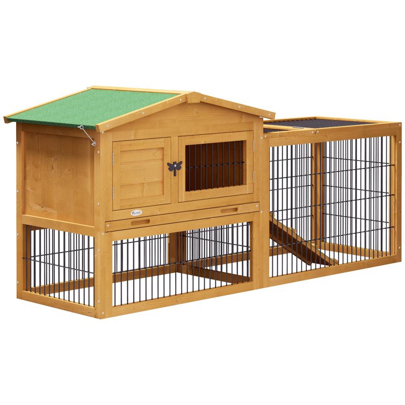 PawHut Hasenstall 2 Ebenen Kaninchenstall aus Tannenholz Winterfest Doppelstockhaus mit Freilaufgehege Rampe 150x52x68 cm Kaninchenkäfig Outdoor Kleintierstall für Hasen Kaninchen Meerschweinchen Gelb Aosom – Bild 1 von 2