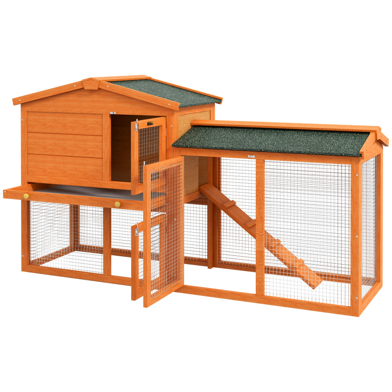 PawHut Hasenstall 2 Ebenen Kaninchenstall aus Tannenholz Winterfest Doppelstockhaus mit Freilaufgehege Wanne Rampe 150x45x85 cm Kaninchenkäfig Outdoor Kleintierstall für Hasen Meerschweinchen Orange Aosom – Bild 1 von 2