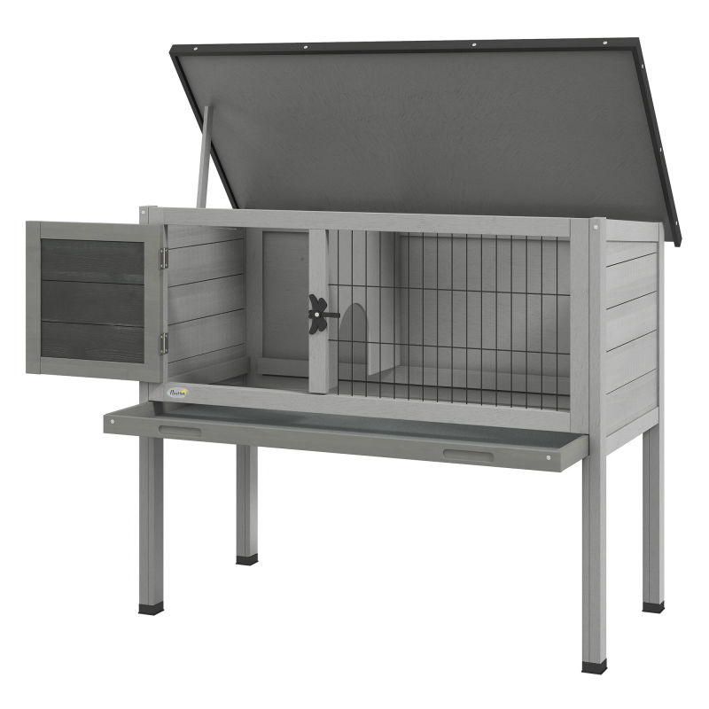 PawHut Hasenstall Kaninchenstall aus Tannenholz Winterfest Hasenkäfig mit aufklappbar Dach 84x43x70 cm Kaninchenkäfig Outdoor Kleintierstall für Hasen Kaninchen Meerschweinchen Grau Aosom – Bild 1 von 2