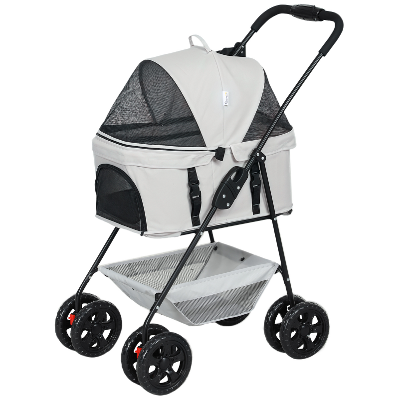 PawHut Hundewagen 3 in 1 Hundebuggy Faltbar Hundebox, klappbar Transporttasche mit Getränkehalter, Hunde Buggy, Katzenwagen mit 360° Räder Katzenbuggy für Mini Hunde unter 4 kg, Hellgrau Aosom – Bild 1 von 2