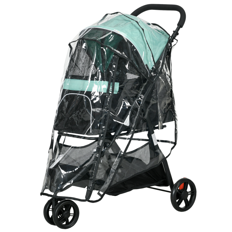 PawHut 2 in 1 Hundewagen Hundebuggy mit Regenschutz klappbar für Hunde & Katzen bis 10 kg Katzenbuggy mit Kissen Netzfenstern Türen Aufbewahrungskorb Katzenwagen Buggy Grün Aosom – Bild 1 von 2