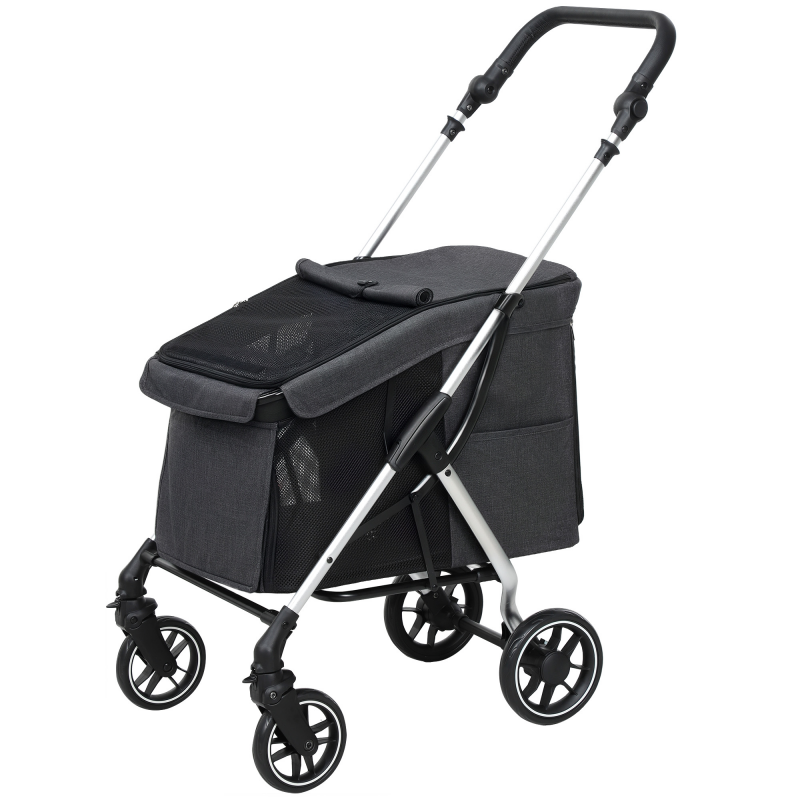 PawHut Hundewagen leicht Hundebuggy aus Aluminium klappbar für Hunde & Katzen bis 10 kg Katzenbuggy mit Kissen Netzfenstern Türen Aufbewahrungskorb Katzenwagen Buggy Grau Aosom – Bild 1 von 2
