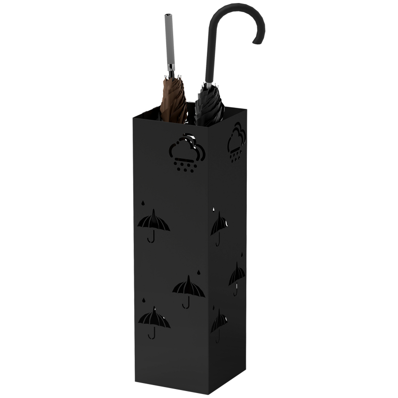 HOMCOM Schirmständer Regenschirmhalter mit 4 Haken, abnehmbare Wasserauffangschale Deko Schirmhalter für Sonnenschirm, Regenschirme & Gehstöcke Stahl 15,5 x 15,5 x 49 cm Schwarz Aosom – Bild 1 von 2