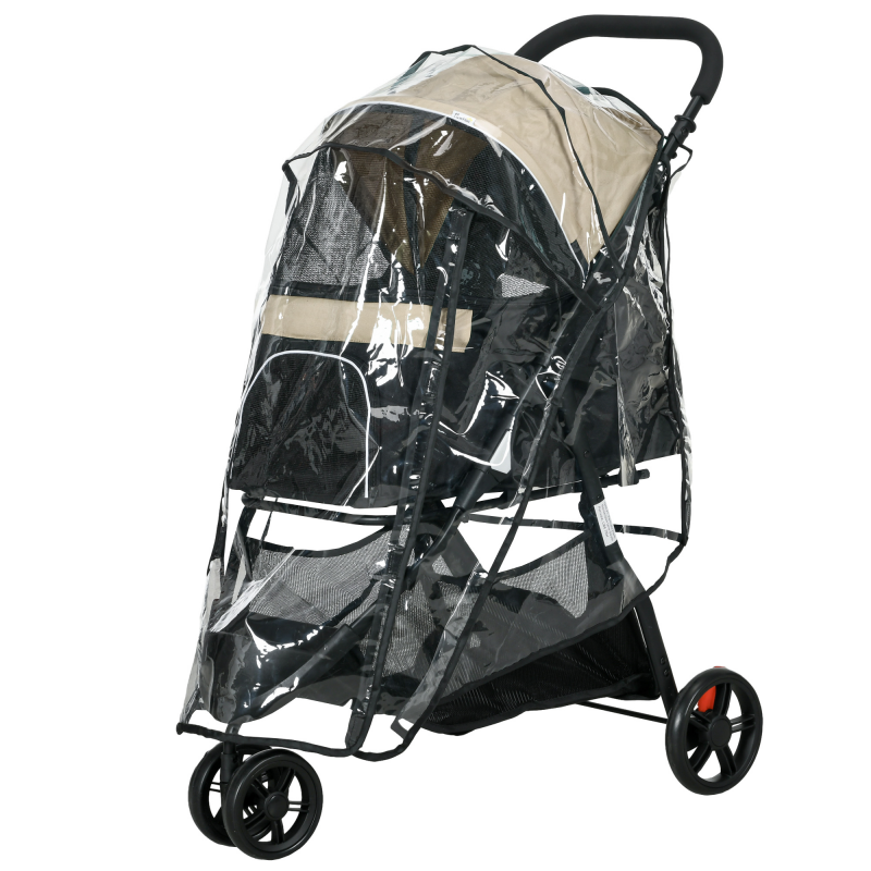 PawHut 2 in 1 Hundewagen Hundebuggy mit Regenschutz klappbar für Hunde & Katzen bis 10 kg Katzenbuggy mit Kissen Netzfenstern Türen Aufbewahrungskorb Katzenwagen Buggy Khaki Aosom – Bild 1 von 2