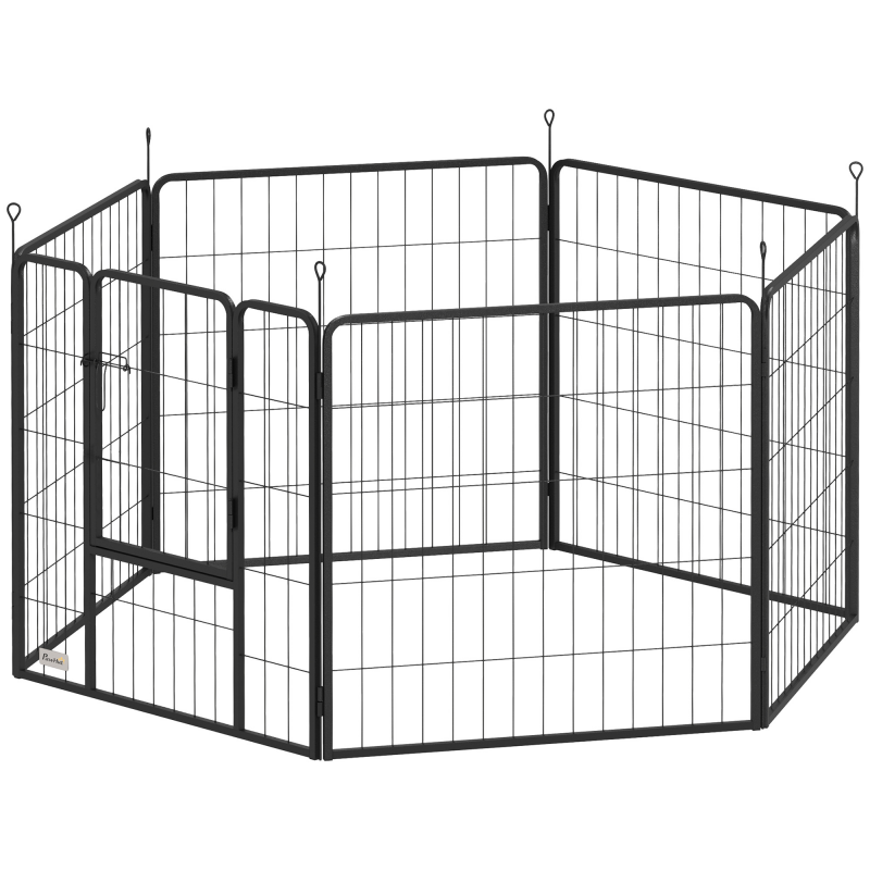 PawHut Welpenauslauf 80 cm Hoch, 6-TLG. Hundelaufstall DIY Welpenlaufstall mit Tür, Freilaufgehege für kleine bis mittelgroße Hunde, Stahl, Schwarz Aosom – Bild 1 von 2
