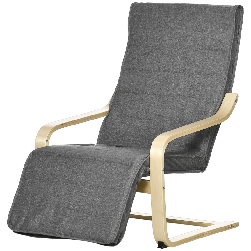 HOMCOM Relaxsessel Schwingstuhl, Ruhesessel, Relaxstuhl mit Verstellbarem Fußteil, Esszimmerstuhl mit Leinenoptik für Wohnzimmer, Birkenholz, Grau 66,5 x 94 x 100cm Aosom – Bild 1 von 2