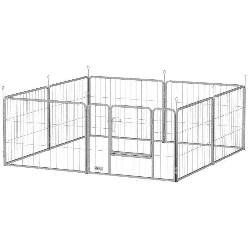 PawHut Welpenauslauf 60 cm Hoch, 8-TLG Hundelaufstall Welpenlaufstall mit Gurt und Tür, Freilaufgehege für kleine bis mittelgroße Hunde, Meerschweinchen, Kaninchen, Stahl, Silber Aosom – Bild 1 von 2