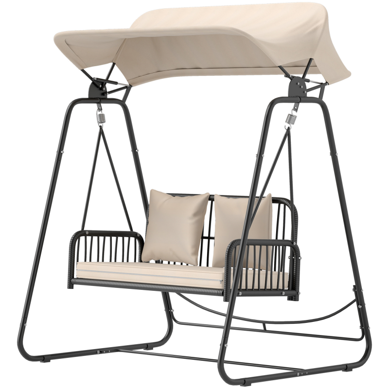 Outsunny Hollywoodschaukel Rattan 2-Sitzer Gartenschaukel mit verstellbar Sonnendach Kissen Hängebank bis 240 kg belastbar Hängeschaukel Schaukelbank für Garten Balkon 149 x 121 x 180 cm Khaki Aosom – Bild 1 von 2