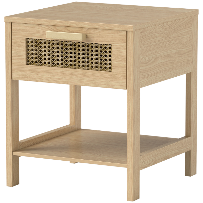 HOMCOM Nachttisch Nachtschrank Beistelltisch natürlicher Nachtkommode mit Schublade offenen Ablage Rattan-Design Natur 40 x 40 x 48,4 cm Aosom – Bild 1 von 2