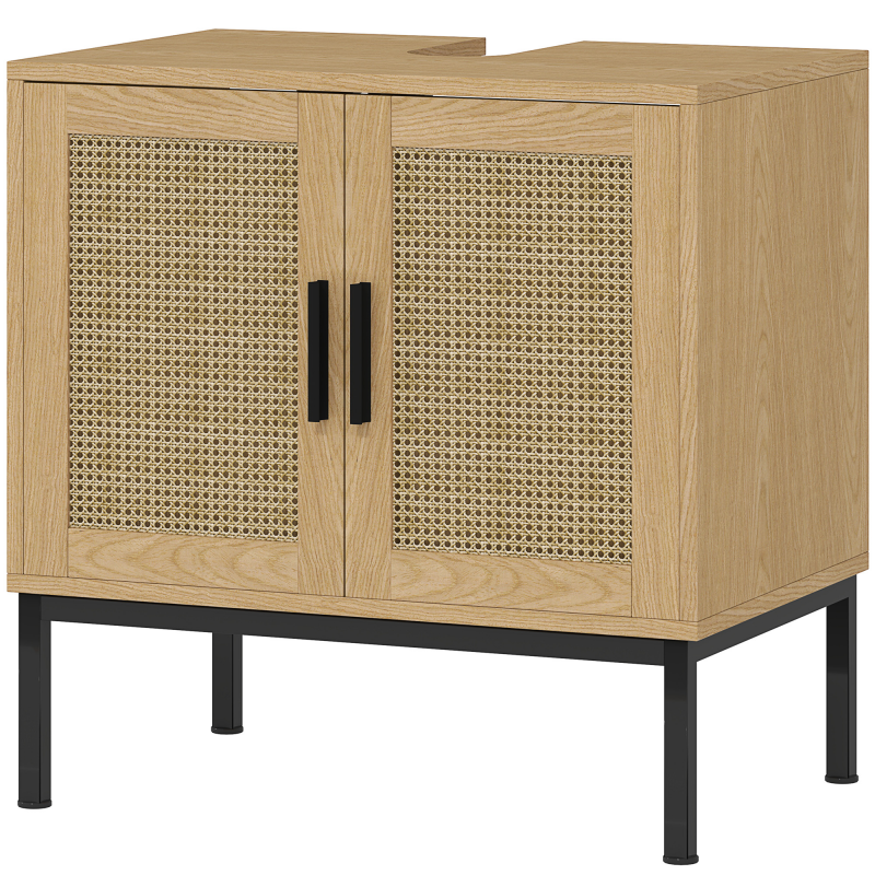 kleankin Waschbeckenunterschrank Unterschrank mit Schrankfach, Waschtischunterschrank mit Rattanoptik, Badunterschrank mit Kippschutz, Eiche, 60 x 39 x 60 cm Aosom – Bild 1 von 2