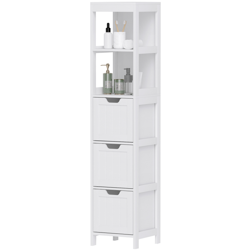 kleankin Badezimmerschrank Badschrank, Bad Hochschrank mit 3 Schubladen, 2 offenen Fächern, Aufbewahrungsschrank für Badezimmer, Wohnzimmer, Weiß, 30 x 30 x 142,4 cm Aosom – Bild 1 von 2