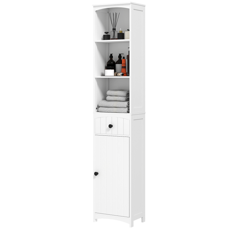 HOMCOM Badezimmerschrank Hochschrank mit 3 Regalen, 1 Schublade Badschrank Badregal Bad Schrank Badmöbel, Weiß, 34x24x170,5cm Aosom – Bild 1 von 2