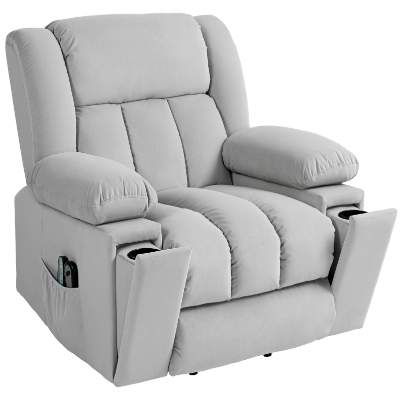 HOMCOM Fernsehsessel mit Aufstehhilfe Elektrisch Relaxsessel mit Massage-/ Wärme-/Liegefunktion, TV-Sessel mit Becherhalter, Stautraum, USB-Anschlüssen und Fernbedienung, Samt, Hellgrau Aosom – Bild 1 von 2