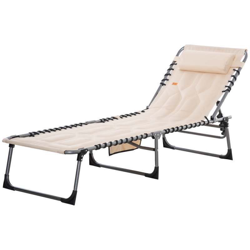 Outsunny Sonnenliege, klappbar Gartenliege mit Kopfkissen, Seitentasche, Liegestuhl mit 5-Fach verstellbare Rückenlehne, wetterfeste Campingliege bis 130 kg belastbar, für Garten Strand Pool, Beige Aosom – Bild 1 von 2