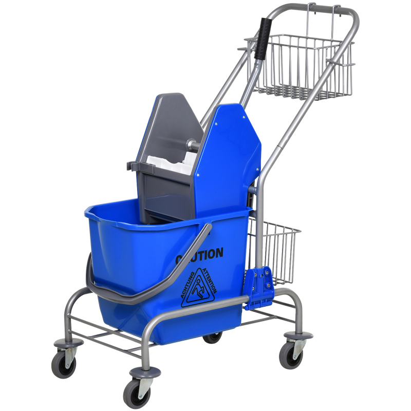 HOMCOM Reinigungswagen Haushaltswagen professionelle Backenpresse Eimer 26 L + Aufbewahrungskorb Blau 73L x 45B x 95H cm Aosom – Bild 1 von 2