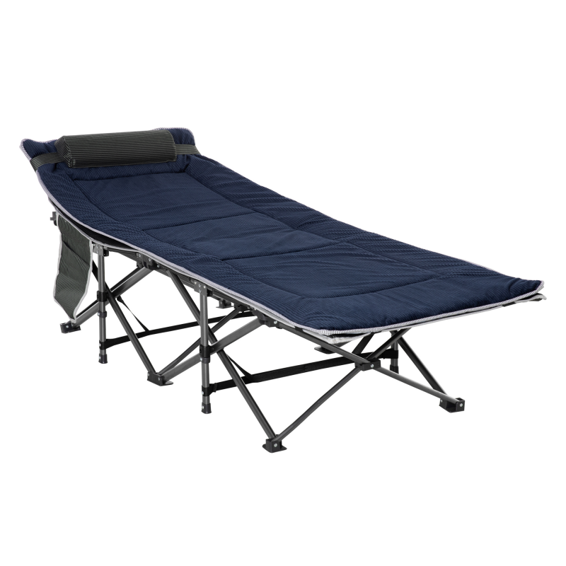 Outsunny Campingbett klappbar Feldbett Klappbett mit Kopfkissen Seitentasche Matratze Gästebett bis 150 kg belastbar Reisen Outdoor Oxford Dunkelblau+Grau 188 x 64,5 x 53 cm Aosom – Bild 1 von 2